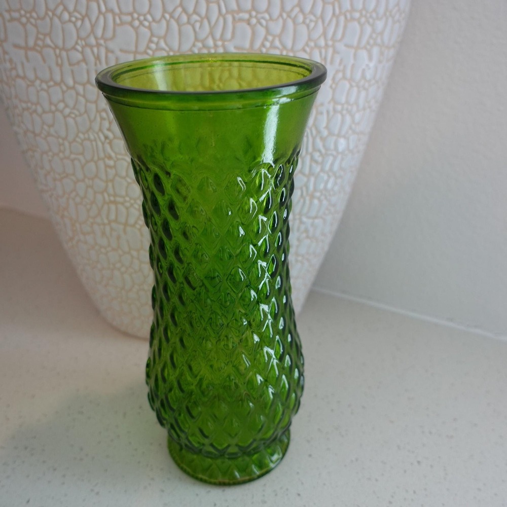 Vintage Indiana Green Glass Vase Diamond Pattern Textured Vase Decor